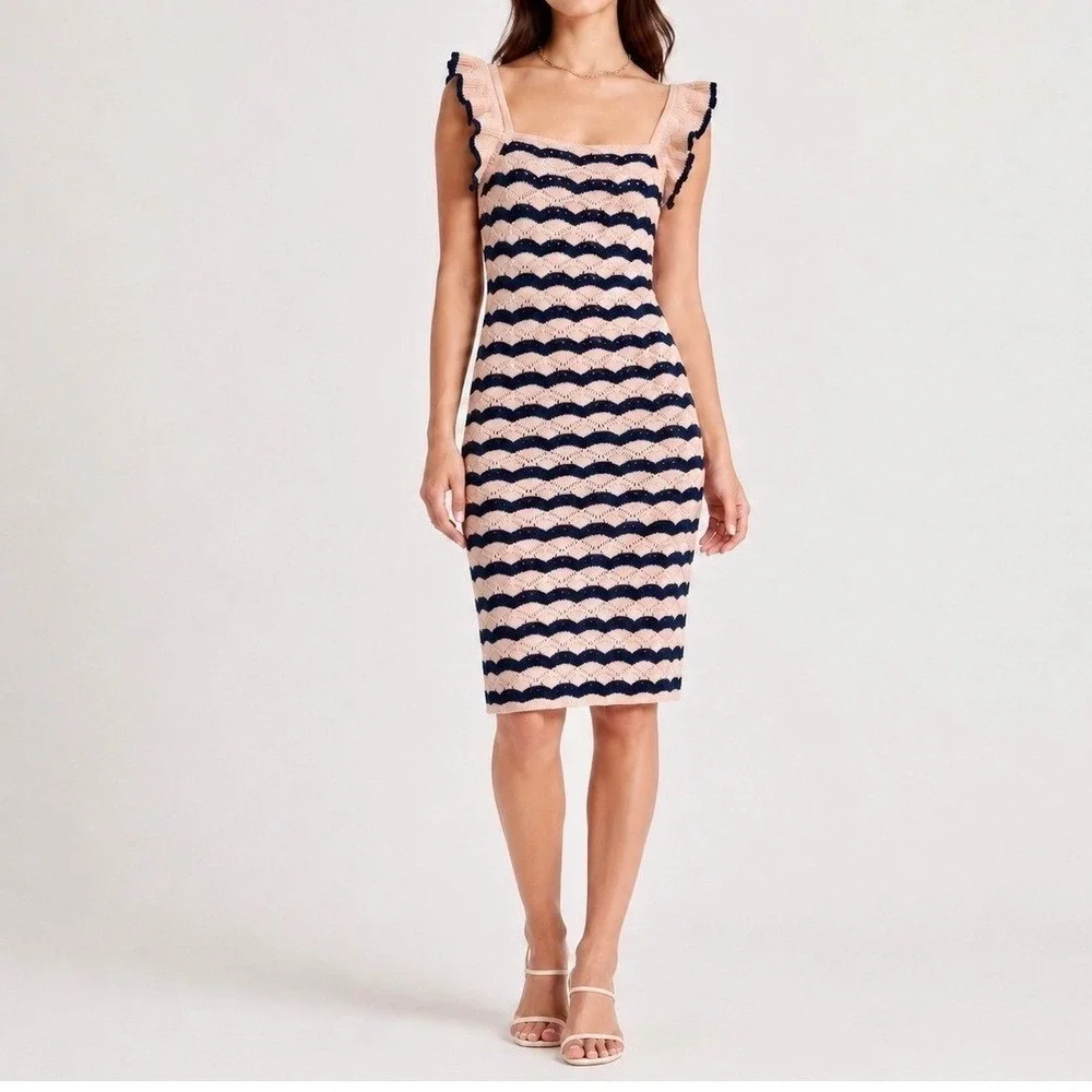 NWT Midi Dress Crochet Knit Chevron Ruffle Blush Cream Navy Nautical Soft Girl - Picture 2 of 11